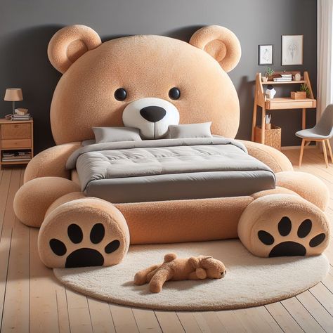 Teddy Bear-Shaped Bed Weird Beds, Bear Bed, Whimsical Bedroom, Easy Room Decor, Luxurious Rooms, Desks For Small Spaces, Kids Bed, Trending Art, Play Spaces