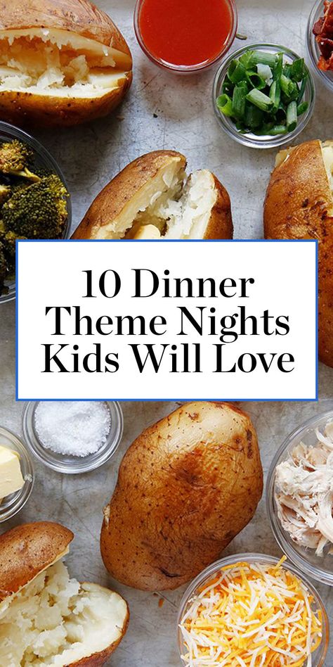 I talked to a dozen caregivers to get their fun, creative, and totally doable suggestions for theme-night ideas that keep kids happy. #themenight #themedinner #dinnerideas #dinnerrecipes #easydinners #easyrecipes #recipeideas Theme Night Ideas, Fun Dinners For Kids, Saturday Dinner Ideas, Family Fun Dinner, Kid Friendly Dinners Healthy, Movie Night Dinner, Family Dinner Night, Movie Night Food, New Dinner