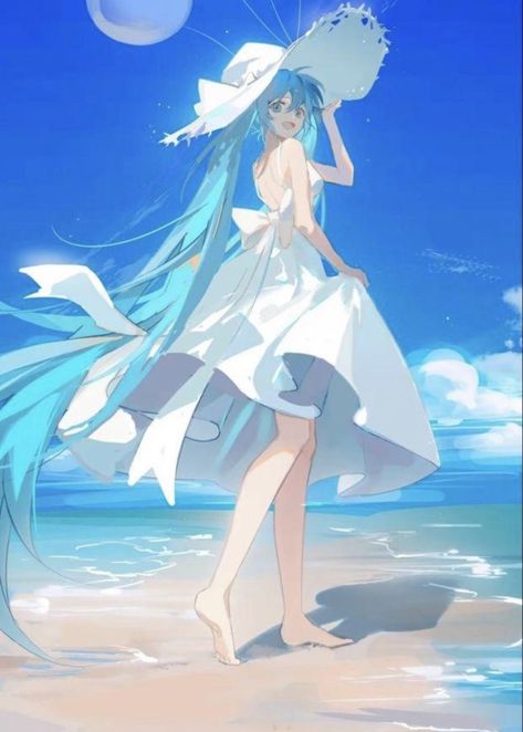 Anime Beach Art, Animated Water, Anime Beach, Miku Hatsune Vocaloid, 캐릭터 드로잉, Anime Artwork Wallpaper, Anime Character Drawing, Illustration Character Design, Anime Poses Reference