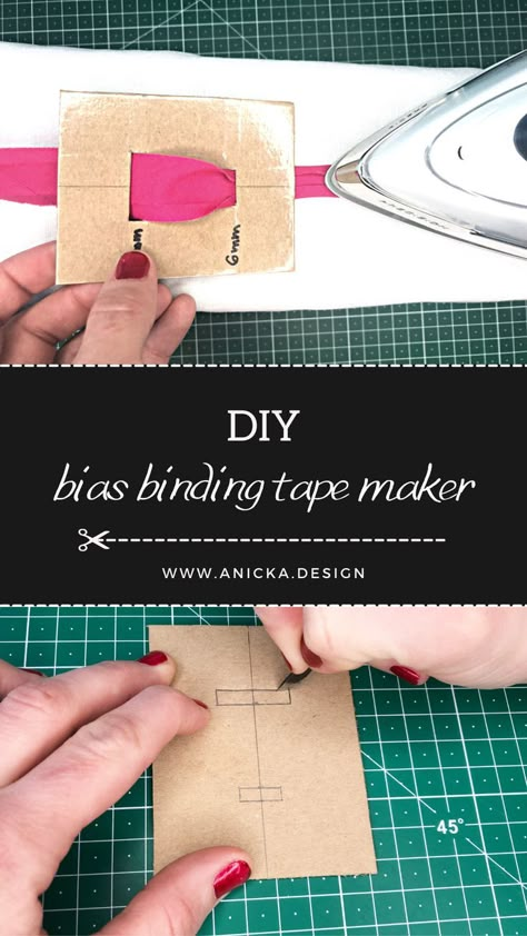 Cutting and testing DIY cardboard bias binding tape maker. How To Use Bias Tape Maker, Make Your Own Bias Binding, Bias Tape Maker Diy, How To Make Your Own Bias Binding, Making Bias Binding, Sewing Bias Tape On, Make Bias Tape Diy, Diy Bias Tape Maker, Diy Bias Binding