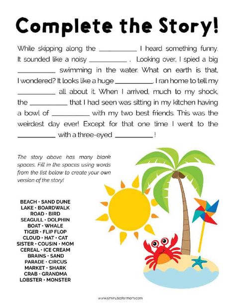 Story Completion Worksheets, Complete The Story Worksheet, Story Writing For Kids, Beach Worksheet, Summer Word Search, Photosynthesis Worksheet, Creative Writing Worksheets, Beach Activity, Beach Words