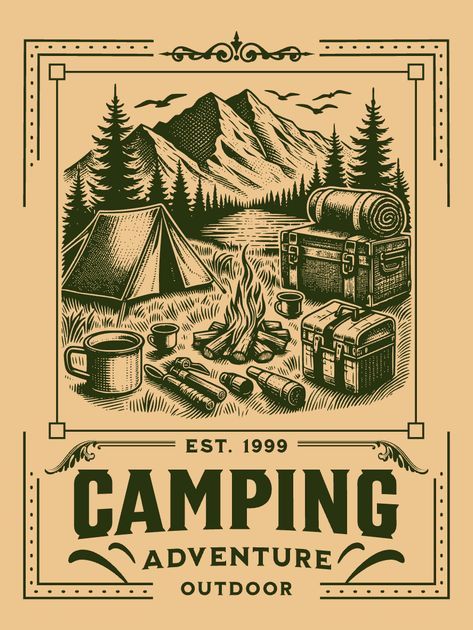 Camping Tshirt Design, Camping Tshirt, T Shirt Design Template, Adventure Design, Design Techniques, Activity Board, Poster Designs, Coffee Branding, Vintage Nature