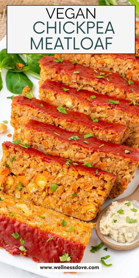 Treat your taste buds to this hearty, flavor-packed Whole Food Plant-Based Chickpea Meatloaf – a satisfying main dish that's gluten-free and oil-free! Made with simple pantry ingredients, it's a perfect option for a healthy family meal. Plus, it can be prepared in advance, making it a convenient choice for busy weeknights or special occasions. Vegan Meatloaf Chickpea, Vegan Whole Foods Recipe, Chickpea Loaf Vegan, Low Gi Vegan Recipes, Chickpea Meatloaf, Chickpea Loaf, Simple Plant Based Meals, Meatless Loaf, Vegan Meatloaf Recipe