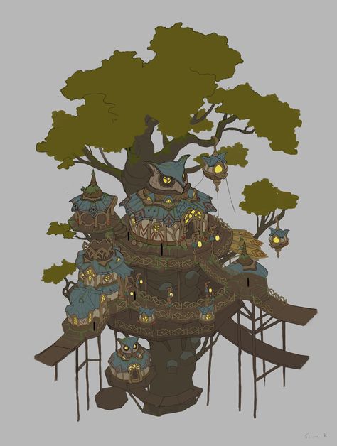 ArtStation - Owl Tribe Village, Summer Kim Fantasy Tribe, Environment Design, Fantasy Landscape, Design