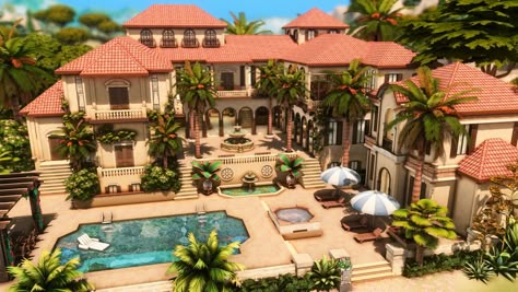 Sims 4 Colonial Mansion, Sims Spanish Villa, Sims 4 Mansion, Italian Mansion, Mediterranean Mansion, House Mediterranean, Colonial Mansion, Colonial Homes, Sims Houses