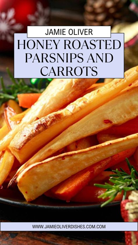 This easy and flavorful Jamie Oliver Honey Roasted Parsnips and Carrots recipe is a perfect side dish for any occasion. The natural sweetness of the vegetables shines with a touch of honey and citrusy clementines, while fresh thyme and bay leaves add an herby twist. Simple to make with pantry staples, it’s irresistibly golden and delicious! Roasted Parsnips And Carrots, How To Cook Parsnips, Parsnips And Carrots, Honey Roasted Parsnips, Roasted Parsnips, Carrots Recipe, Food Side Dishes, Jamie Oliver Recipes, Carrot Recipes