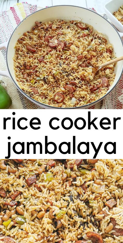 Cajun Black-Eyed Pea Jambalaya - You soon-to-be favorite rice cooker recipe!  #cajun #ricecooker #onepotmeal #easyweeknightmeal #whatcanicookinaricecoooker Rice Cooker Jambalaya, Jumbeliah Recipes, Rice Cooker Recipes Healthy, Aroma Rice Cooker Recipes, Rice Cooker Chicken, Sausage Jambalaya Recipe, Jambalaya Rice, Rice Cooker Meals, Zojirushi Rice Cooker