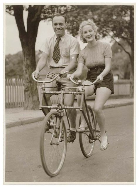 Man and woman on a Malvern Star abreast tandem bicycle, c. 1930s, by Sam Hood Riding Pictures, Penny Farthing Bicycle, Weird Inventions, Tandem Bicycle, Velo Vintage, Speed Bicycle, Tandem Bike, Last Ride, Vintage Everyday