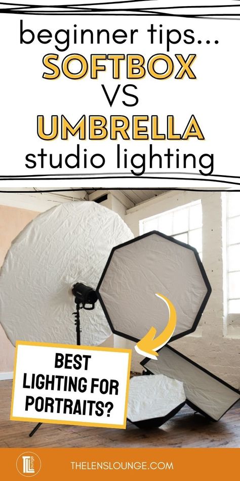 Softbox vs umbrella - which photography lighting modifier is the best studio portrait lighting for soft light photography. Beginner flash photography lighting tips for deciding between a photography umbrella or softbox. Which type of photography umbrella lighting you need, or sofbox size and softbox shape for portrait photography. Which light modifier is for studio photography only and which can be used for outdoor photography with off camera flash? Pros & cons of portrait lighting modifiers! Indoor Lighting Photography Ideas, Studio Lighting Setups Portraits, Indoor Lighting Photography, Soft Light Photography, Photography Lighting Equipment, Photo Lighting Setup, Photography Umbrella, Lighting For Photography, Event Venue Business