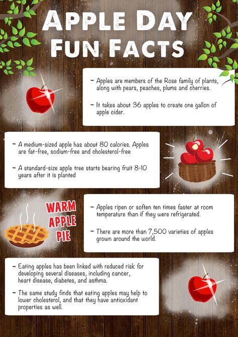 Apple Day - Tips Poster National Apple Day, Apple Facts For Preschool, Apple Sweetness Chart, Apple Day 2nd Grade, Apple Trivia, Sweetest Apples Chart, Apple Facts, Apple Day, Pie Day