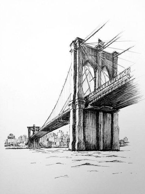 New York Dibujo, Perspective Section, Drawing Essentials, Drawing Buildings, Bridge Tattoo, Bridge Drawing, New York Cityscape, Iconic New York, Perspective Art