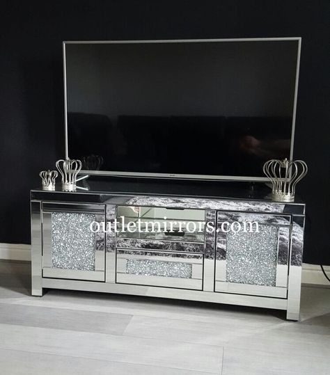 Corner Entertainment Unit, Bling Furniture, Lux Bedroom, Sparkly Mirror, Bow Lamp, Diamond Furniture, Mirrored Furniture Decor, Glitter Furniture, Tv Entertainment Unit