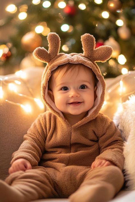 Babys first christmas photo ideas with a baby dressed up like a reindeer Baby First Christmas Pictures, First Christmas Photo Ideas, First Christmas Photoshoot, First Christmas Pictures, 3 Month Pictures, Christmas Baby Outfits, Reindeer Outfit, Baby Christmas Photos, First Christmas Photos