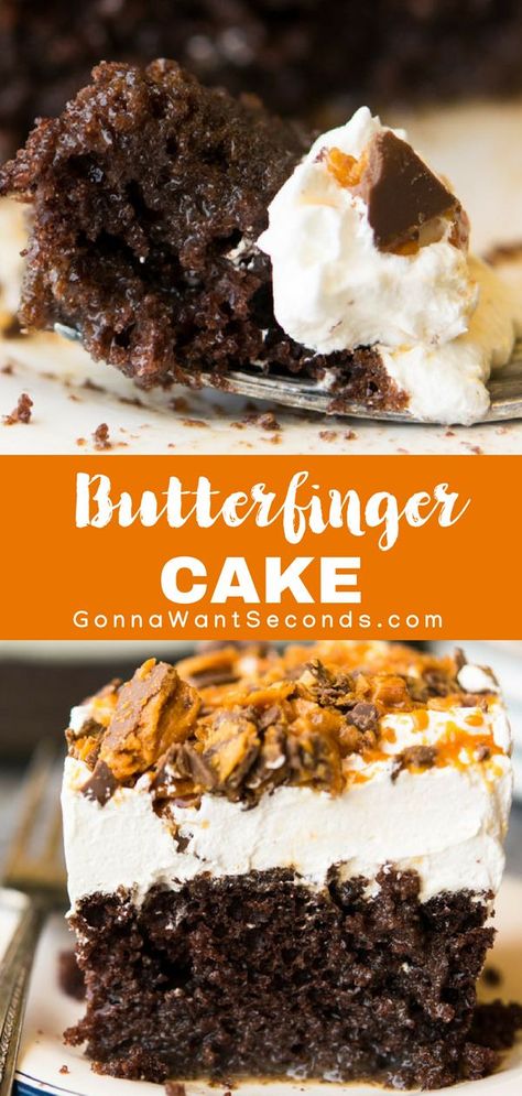 Our easy Butterfinger Cake recipe starts with a cake mix so it's a snap to make. Uniquely moist, flavored with chocolate and caramel, and topped with a thick generous layer of whipped topping and crushed butterfingers. #gonnawantseconds #butterfingercake #cake #dessert #butterfingers #cakemix #easydessert Dessert To Feed A Crowd, Butterfinger Cake Recipe, Birthday Cake Simple, Butterfinger Cake, Easy Birthday Cake, Cake Recipe Easy, Chocolate And Caramel, Homemade Birthday Cakes, Cake Simple