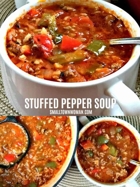 Stuffed Pepper Soup | Stuffed Pepper Soup Recipe  | Bell Pepper Soup | Stuffed Green Pepper Soup Recipe | Soup with Bell Peppers | Deconstructed Bell Pepper Soup | Soup | Dinner | Pepper Soup | Small Town Woman #soup #stuffedpeppersoup #smalltownwoman Slow Cooker Tikka Masala, Winter Soup Recipe, Comfort Soup Recipes, Cold Weather Food, Stuffed Pepper, Pepper Soup, Winter Soups, Stuffed Pepper Soup, Food Info