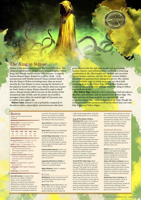 [Homebrew] Lovecraftian Monsters: Hastur, The King in Yellow v2 Dnd Dieties, Monster Stats 5e, Hastur The King In Yellow, Lovecraftian Monsters, The King In Yellow, King In Yellow, Lovecraft Monsters, Dnd Creatures, Monster Manual