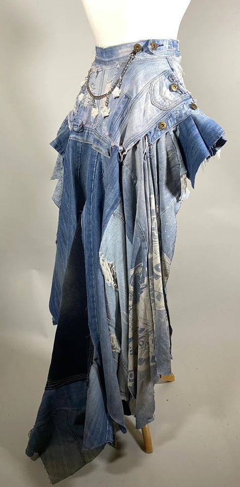 Upcycle Jeans Skirt, 2024 Inspiration, Reworked Denim, Recycled Dress, Bustle Skirt, Distressed Skirt, Denim Inspiration, Diy Skirt, Denim Ideas