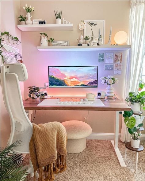 14 Cozy Gamer Girl Desk Setups - TheHomeRoute Cozy Desk, Cozy Gaming, Cozy Office, Gamer Room Decor, Desk Inspiration, Cozy Home Office, Desk Inspo, House Makeover, Office Room Decor