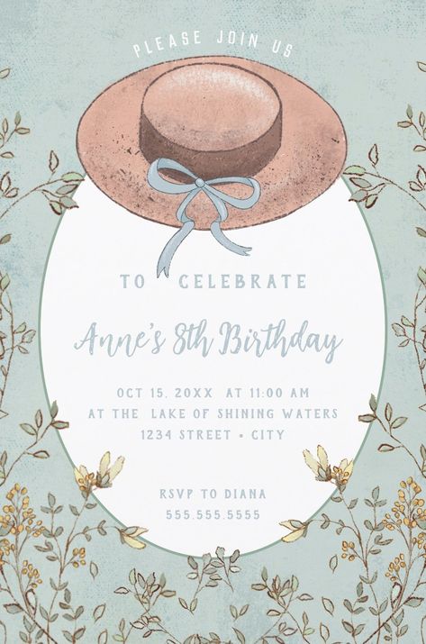 Wildflower Anne of Green Gables Birthday Party Invitations Anne Of Green Gables Birthday, Anne Green, Wedding Card Frames, Baby Shower Tea, Anne With An E, Anne Of Green, Anne Of Green Gables, Green Gables, 8th Birthday