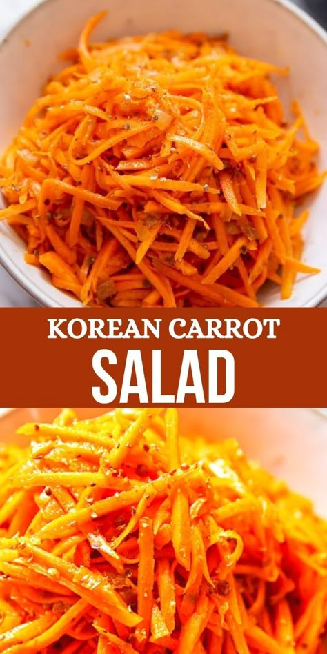 This Korean Carrot salad might not be the most authentic Korean recipe but it is delicious and so worth sharing! Grated carrots and cracked coriander seeds in a zesty vinaigrette type dressing. Korean Carrots, Korean Carrot Salad, Shredded Carrot Salad, Korean Carrot, Carrots Salad, Korean Food Side Dishes, Perfect Salad Recipe, Recipes Korean, Carrot Salad Recipes