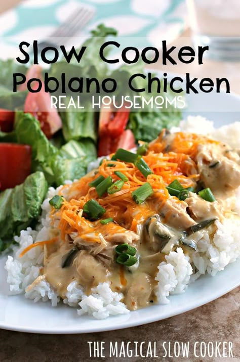 Slow Cooker Poblano Chicken - #best-crock-pot-recipes #chicken #chiles #dinner #easy-dinner #mexican-food #slow-cooker #spicy #best-crock-pot-dinners #main-dishes #recipes #realhousemoms Poblano Chicken, Magical Slow Cooker, The Magical Slow Cooker, Dump Meals, Slow Cooker Dinner, Crock Pot Slow Cooker, Crockpot Recipes Slow Cooker, Crock Pot Cooking, Slow Cooker Chicken