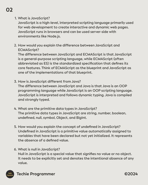 100 JavaScript interview questions, 1-20 answered, will be posting the remaining answers tomorrow ! Make sure you hit follow ! #data #interview #javascript #javascripts #programming #tp_javascript #programminglife Javascript Interview Questions, Web Development Programming, February 1, Interview Questions, Web Development, Make Sure, Programming, Interview, Electricity