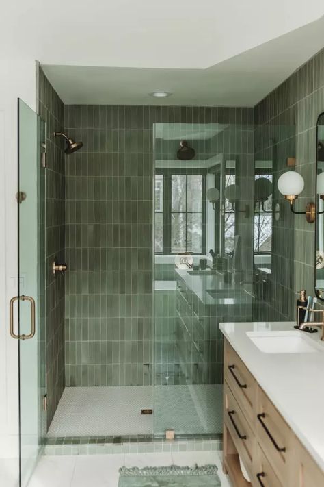 clé tile | design emboldened Green Shower Tile, Checkerboard Tile, Tile Walk In Shower, Green Tile Bathroom, Bathroom Tile Inspiration, Ranch Decor, Concrete Cement, Tile Inspiration, Green Tile