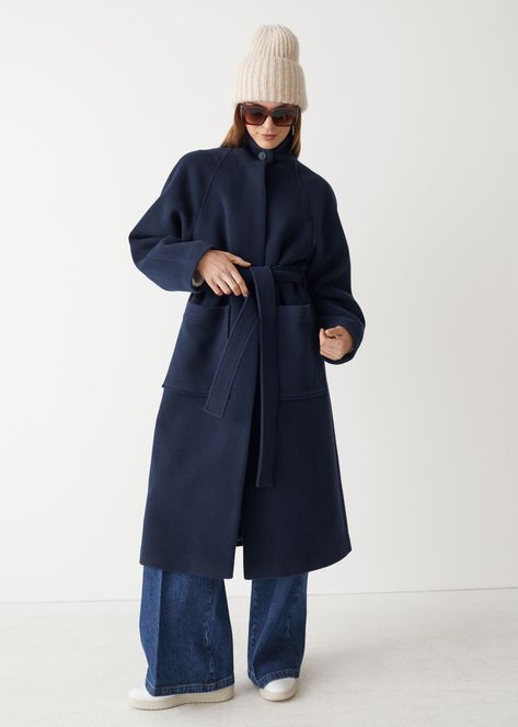 Blue Wool Coat Outfit, Wool Coat Outfit, Blue Wool Coat, Belted Wool Coat, Navy Wool Coat, Mommy Outfits, Future Wardrobe, Coat Outfit, Trim Jacket