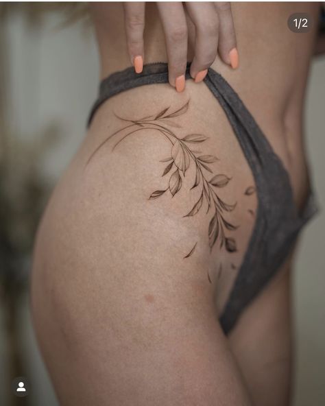 Hip Tattoos Women Leaves, Hip Tattoo Botanical, Foliage Hip Tattoo, Hip Tattoos Women Vines, Vines On Hip Tattoo, Tattoo On Hips For Woman, Hip Scar Tattoo, Leaves On Hip Tattoo, Hip Flexor Tattoo