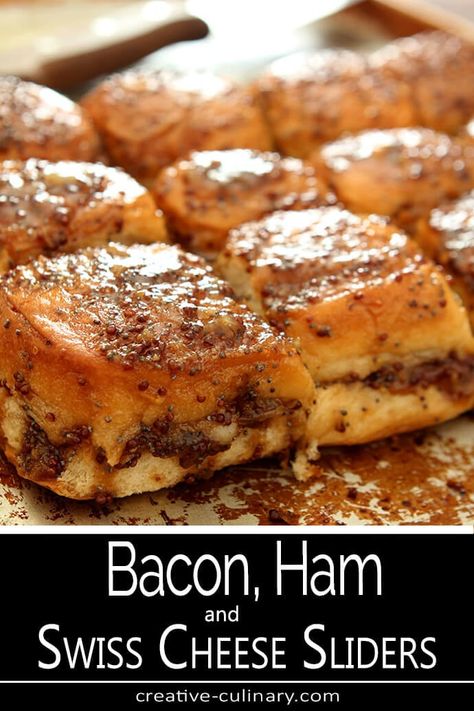 Bacon, Ham, and Swiss Cheese Sliders are a great little sandwich for a game day party or an evening with family or friends; how can you go wrong with Bacon AND Ham? Ham And Bacon Sliders, Ham And Swiss Cheese Sliders, Gift Desserts, November Recipes, Fall Treats Recipes, Ham Sliders, Ham And Swiss, Yummy Sandwiches, Football Appetizers