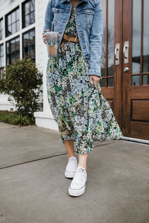 Floral Dress Styled Two Ways For Summer | My Style Vita Casual Floral Dress Outfit, How To Style Floral Dress, Long Casual Dress Outfit, Floral Dress And Sneakers Outfit, Sleeveless Floral Dress For Summer Dress-up, Long Dress And Sneakers Outfit, Floral Dress With Jean Jacket, Long Floral Dress Outfit, Long Dress With Sneakers