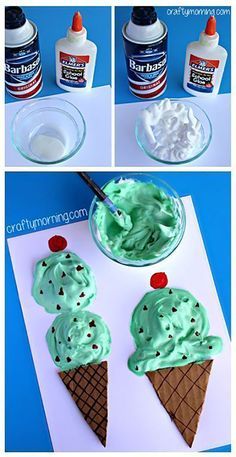 Puffy Paint Ice Cream, Ice Cream Cone Craft, Mint Chocolate Ice Cream, Summer Art Projects, Kindergarten Art Projects, Summer Crafts For Kids, Cones Crafts, Puffy Paint, Daycare Crafts