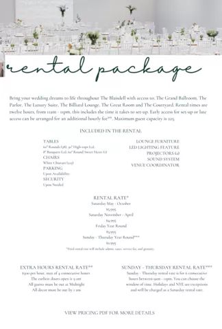 Rental package pricing for The Blaisdell Mansion. Here you will find pricing and details of what is covered in pricing. Please check out our website or contact Janet for additional questions. Wedding Venue Packages Template, Wedding Venue Packages Prices, Venue Plans, Event Venue Business, Venue Business, Event Venue Design, Event Space Rental, Wedding Packages Prices, Lounge Rooms