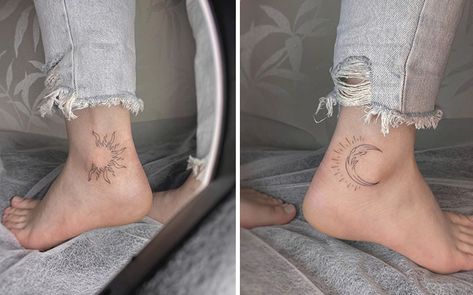 Sun Anklet Tattoo, Sun Moon Tattoo Ankle, Celestial Ankle Tattoo, Ankle Moon Tattoo, Ankle Bone Tattoo, Sun Ankle Tattoo, Moon Ankle Tattoo, Back Ankle Tattoo, Front Of Ankle Tattoo