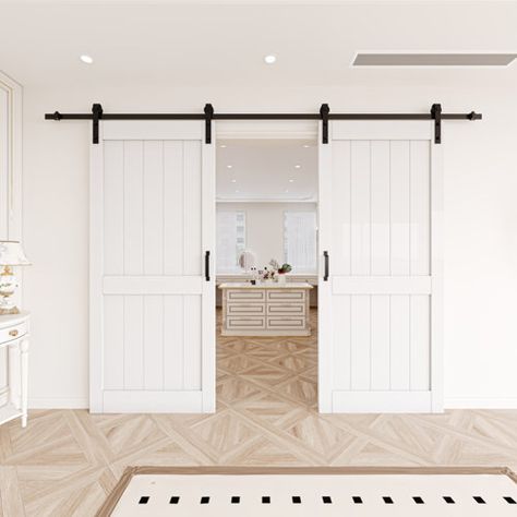 ARK DESIGN Manufactured Wood Prefinished Double Sliding Barn Door with Installation Hardware Kit | Wayfair Double Barn Doors Sliding, Double Sliding Barn Door, Sliding Barn Door Closet, Beams Living Room, Double Sliding Barn Doors, White Barn Door, Barn Door Closet, Double Doors Interior, Wood Barn Door