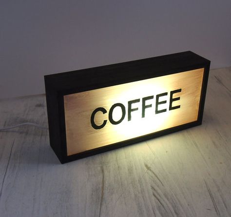 Hand Painted Lighted Signs COFFEE Vintage Wooden Light by Bingkai Table Lamp Decor, Rustic Cafe, Light Box Sign, Coffee Vintage, Painted Coffee Tables, Industrial Table Lamp, Illuminated Signs, Coffee Sign, Tasmanian Oak