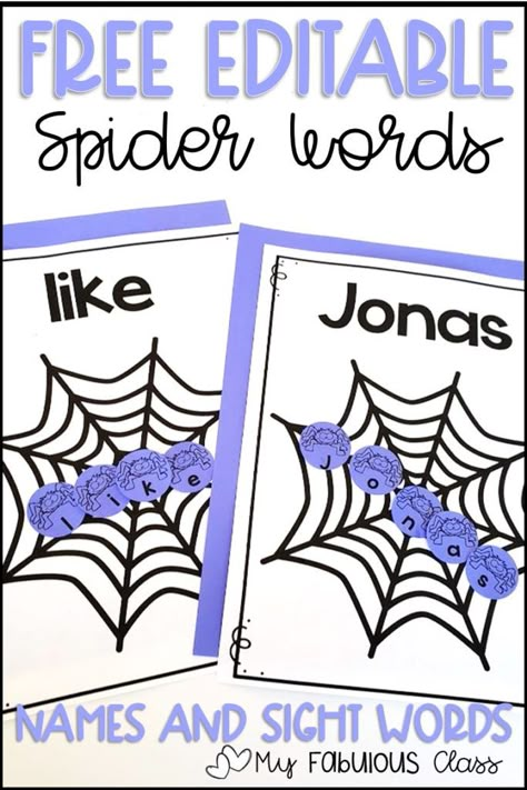 Free Halloween Craft. Spider Craft Free. These spider webs are editable so you can type in students names or sight words. Then, you can type in the letters on the spiders. You will need to download the free font KGWhatATeacherWants. Or, save time, and print it blank, and have students write it in. Spiders Preschool, Halloween Kindergarten Activities, Busy Bins, Name Activities Preschool, Spider Craft, Halloween Centers, October Classroom, Spider Theme, Preschool Names