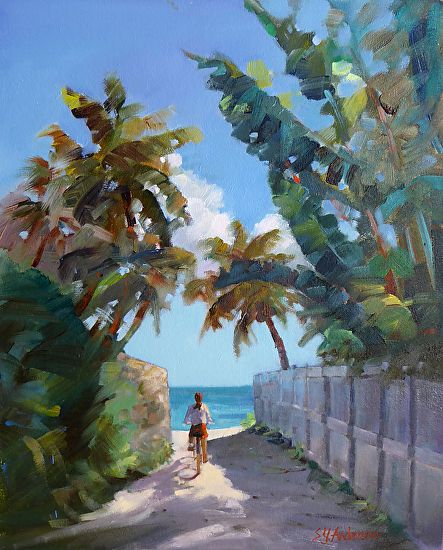 Bike To Beach by Susie Y. Anderson Oil ~ 20 x 16 Tropical Painting, Florida Artist, Palm Trees Painting, Pop Art Wallpaper, Tropical Art, Abstract Art Landscape, Interior Design Art, Plein Air Paintings, Beach Painting