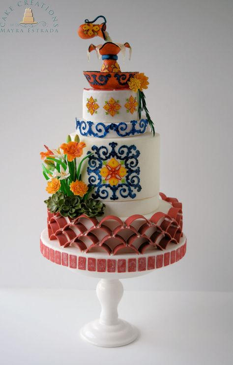 Inspired by the Andalusian style gardens of Old Spain.  Fountain... Spain Cake, Spring Flower Cookies, Flower Pot Cake, World Cake, Cherry Blossom Cake, Peter Rabbit Cake, Artist Cake, Cake In A Can, Easter Bunny Cake