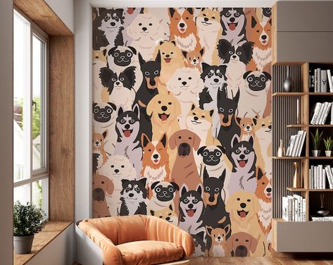 Watercolor Dog Wallpaper, Dogs Breeds Print Pet Lover Wall Art With Cute Doggie, Watercolor Dog Breeds Wallpaper - Etsy Dog Salon Ideas, Dog Wall Painting, Dog Apartment, Dog Lover Aesthetic, Decorating Small Spaces Apartments, Dog Mural, Puppy Nursery Theme, Dog Boarding Ideas, Grooming Room