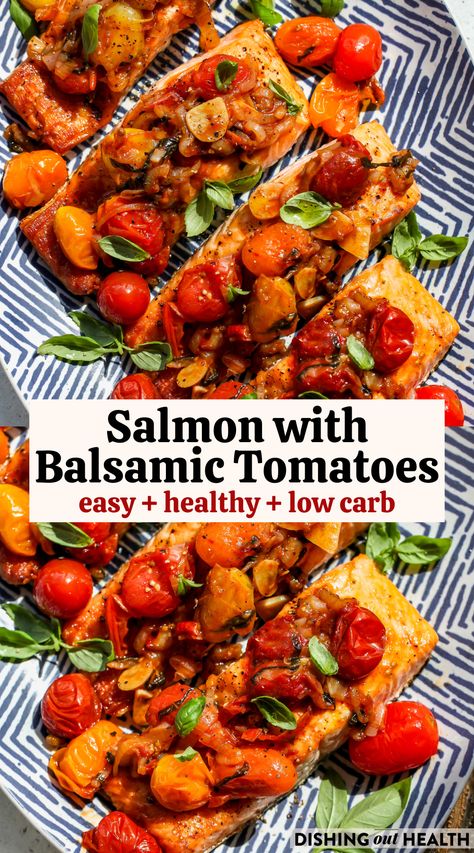 Easy Broiled Salmon with Balsamic-Blistered Tomatoes and fresh basil. This healthy, flavorful dinner is ready in 30 minutes and perfect for weeknight dinners. via @https://www.pinterest.com/jamievespa/ Balsamic Salmon Recipes, Low Carb Summer Recipes, Balsamic Salmon, Dinners Low Carb, Mediterranean Fish, Dishing Out Health, Low Carb Salmon, Pesto Salmon, Broiled Salmon