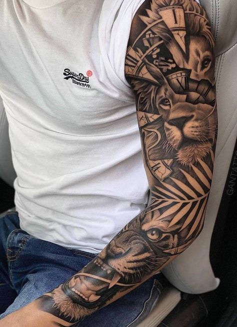 Diamond Sleeve Tattoo, Voll Arm-tattoos, Tiger Tattoo Sleeve, Full Hand Tattoo, Animal Sleeve Tattoo, Lion Tattoo Sleeves, Tattoo Culture, Lion Head Tattoos, Full Sleeve Tattoo Design