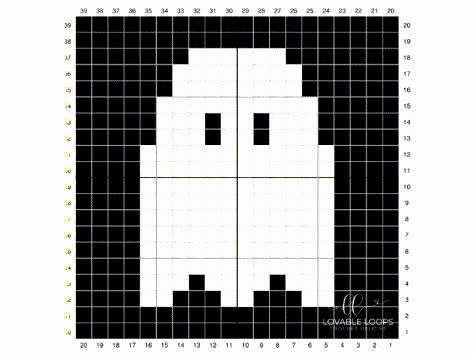 Knit Ghost Pillow, Mini Crochet Tapestry Pattern, Ghost Crochet Tapestry, Crochet Ghost Granny Square Pattern, Simple Crochet Graph Patterns, Mini Ghost Cross Stitch, Black And White Crochet Projects, Ghost Grid Pattern, Graphs For Crochet