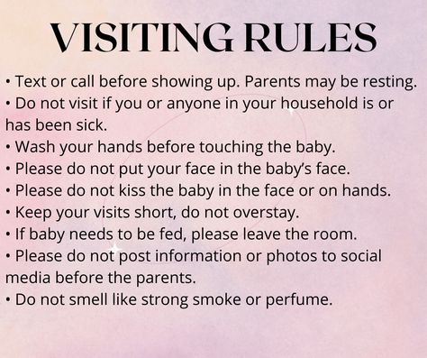 A pale pink background with text that states the wishes of new parents for hospital visitors. Rules For Visiting A Newborn At Hospital, Labor Rules For Family, Visitors After Birth, Boundaries With Newborn, Newborn Hospital Rules For Visitors, Rules For Visiting A Newborn, Visiting Baby Rules, Hospital Rules For Visiting Baby, Hospital Rules