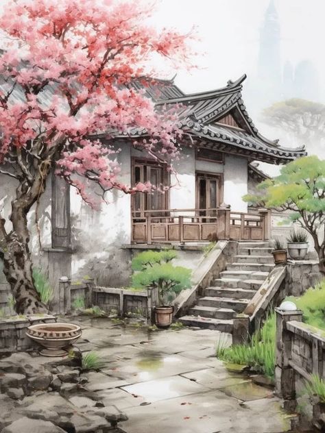 Korean Architecture Traditional, Pagoda Watercolor, Watercolor Art Landscape, Cottage Painting, Japanese Watercolor, African Paintings, Ancient Paintings, Italy Painting, Watercolor Art Paintings