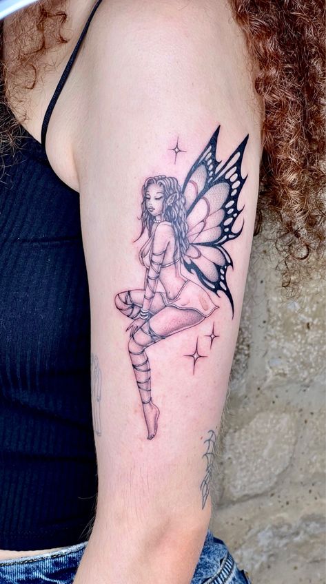 Fairy Holding Skull Tattoo, Fairy With Locs Tattoo, Enchanted Forest Tattoo Fairies, Fairy Tattoo Ankle, Fairy Witch Tattoo, Fairy Hip Tattoo, Fairy Queen Tattoo, Fairy On Moon Tattoo, Fairy Hand Tattoo