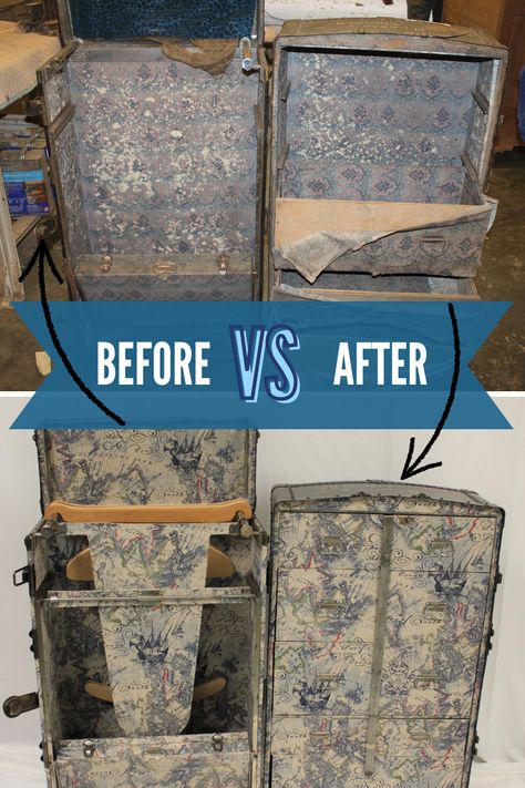 Wow! We were so excited to restore this vintage steamer trunk. Check us out for more! Trunk Upcycle, Steamer Trunk Makeover, Trunk Redo, Trunk Restoration, Trunk Makeover, Vintage Steamer Trunk, Trunk Ideas, Antique Steamer Trunk, Metal Trunks