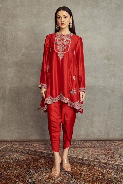 Buy JAYANTI REDDY Cheniya Silk Embroidered Kurta And Dhoti Pant Set Online | Aza Fashions Jayanti Reddy, Trendy Suits, Dhoti Pants, Kurta Neck Design, Indian Dresses Traditional, A Line Kurta, Designer Party Wear Dresses, Red Suit