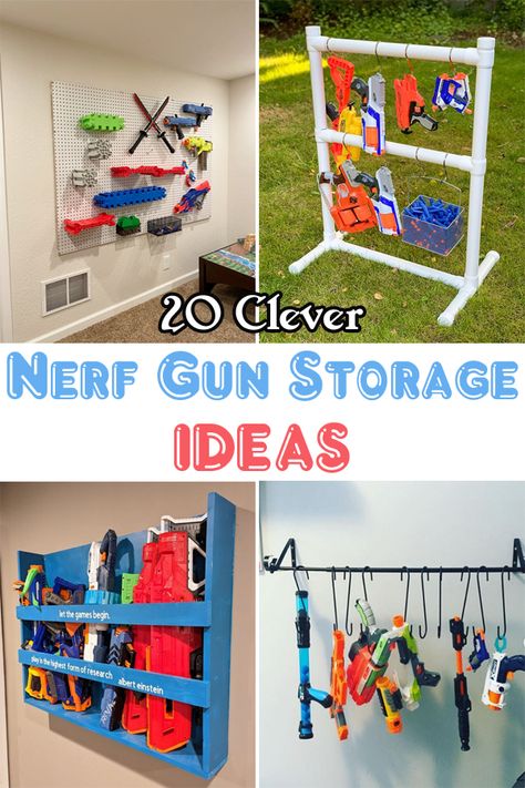 On The Wall Storage Ideas, Custom Toy Storage, Nerfgun Storage, Peg Board Nerf Wall Diy, Wall Storage For Toys, Diy Kids Storage Ideas, Nerf Armory Wall, Nerf Bedroom Ideas, Nerf Wall Storage