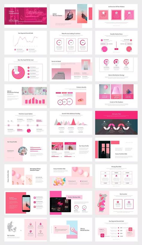 Pink Color Tone Pitch Deck Powerpoint Template. 50 unique and editable slides. Pink Portfolio Design, Pink Presentation Design, Pink Ppt Template, Pink Powerpoint Template, Responsive Web Design Layout, Pink Presentation, Best Canva Templates, Pink Layout, Pink Template